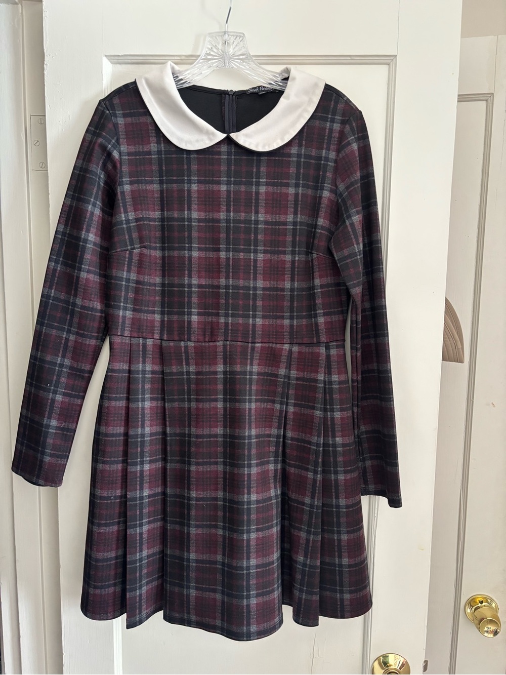 Plaid Long-Sleeve Fit & Flare Dress with Contrast Collar - Burgundy